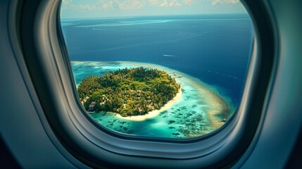 From the perspective of an airplane window, a tropical island shows its paradise face. You can see the outline of an island surrounded by coral reefs that shimmer with various shades of blue and green