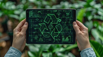 Engineer uses tablet to analyze energy from electric wind turbine to reduce pollution, green technology Caring for the environment and sustainable development signs