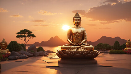 a golden statue of Buddha sitting on a lotus flower in front of a lake against the backdrop of a setting sun.
