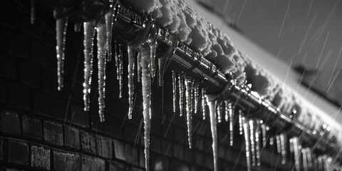 Black and white photo of icicles hanging from a roof. Suitable for winter-themed designs