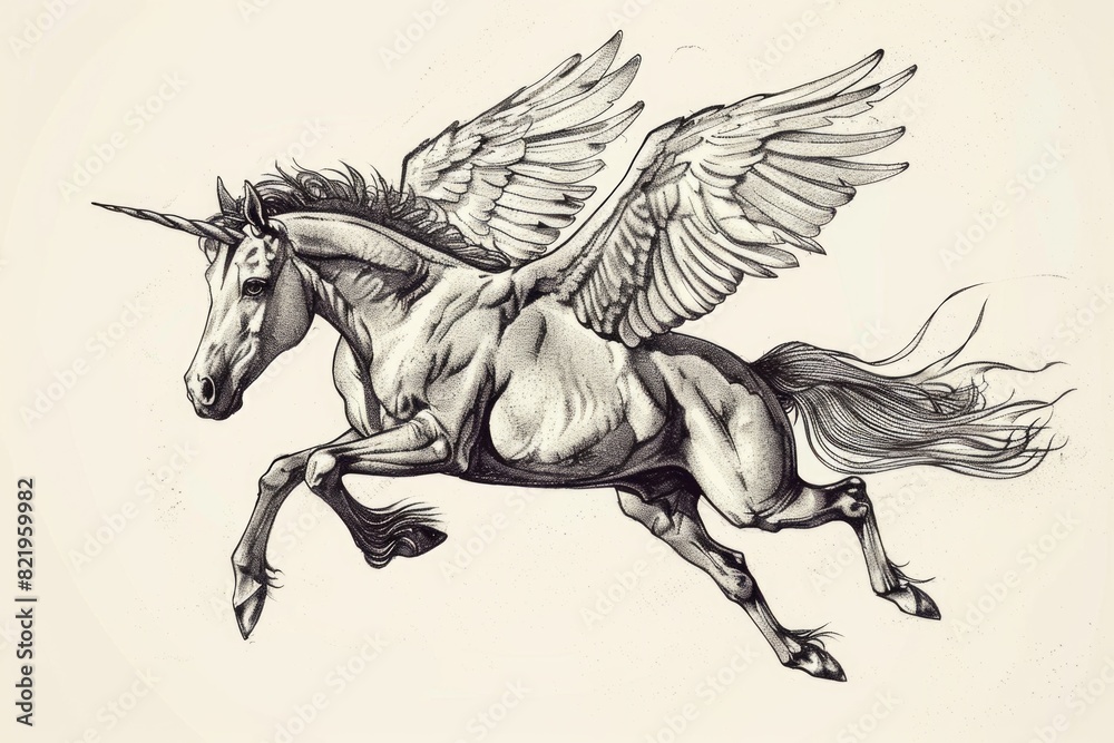 Poster black and white drawing of a horse with wings. suitable for various artistic projects