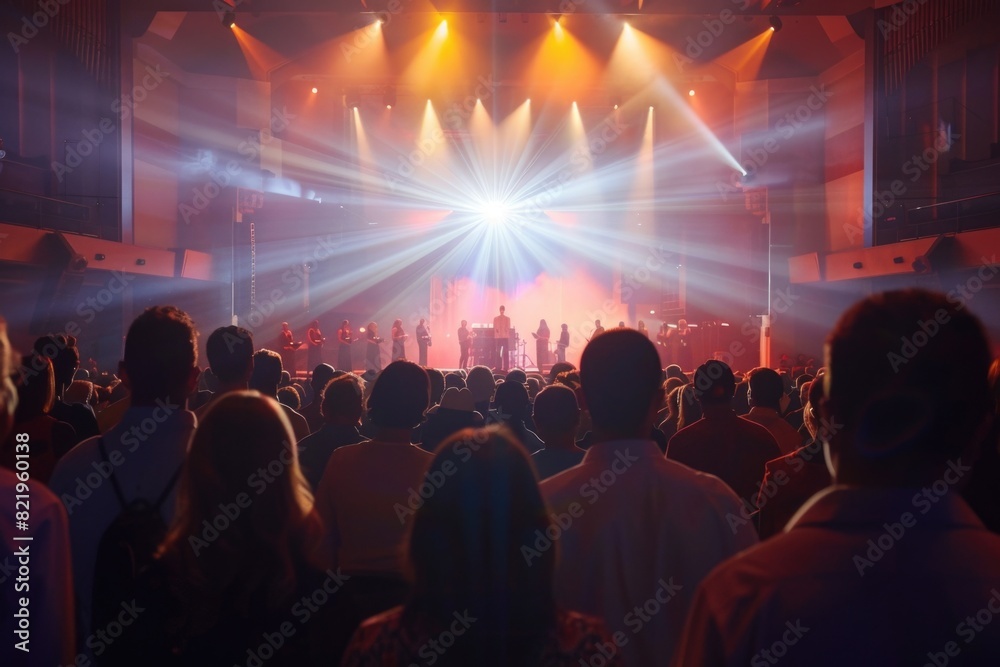 Poster A group of people standing in front of a stage, suitable for event concepts