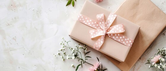 Gift box with delicate pink ribbon and flowers on white background.