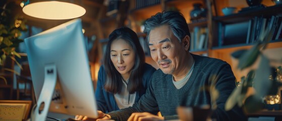 Happy elderly couple using a desktop computer at home, enjoying technology and spending quality time together, warm indoor setting.