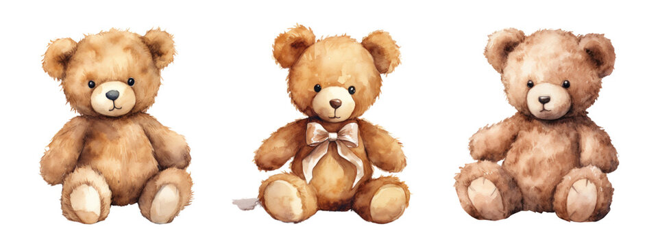 Naklejki Watercolor teddy bear png element set on transparent background