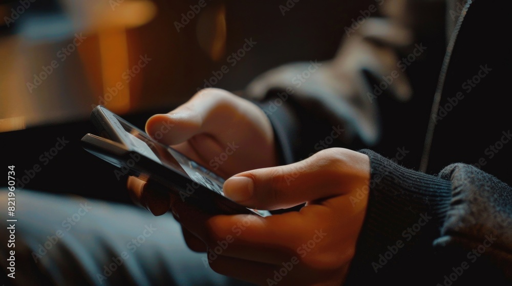 Poster close up of a person holding a cell phone. suitable for technology concepts