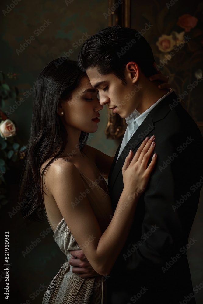 Poster a man and a woman hugging in front of a wall. suitable for relationship and love concepts