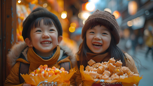 A group of children laughing and comparing their Halloween candy hauls under a streetlight, with Bokeh