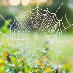 Detailed macro photography of intricate spiderwebs in natural settings among plants and grass