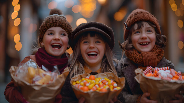 A group of children laughing and comparing their Halloween candy hauls under a streetlight, with Bokeh