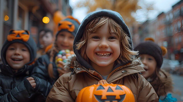 A group of children laughing and comparing their Halloween candy hauls under a streetlight, with Bokeh
