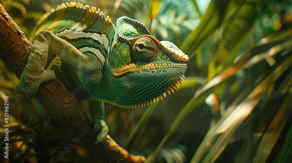 Poster a colorful chameleon perched on a tree branch. suitable for nature and wildlife themes