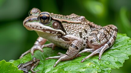 Fototapeta premium Close up of colorful small frog and tadpoles in their natural aquatic environment