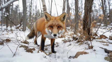 A majestic red fox standing in a snowy forest. Perfect for wildlife and winter themed projects