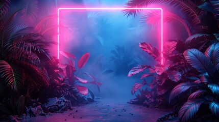 Fototapeta premium Creative layout made of monstera leaves and neon light.