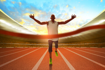 Fototapeta na wymiar Young man runner celebrating to finish line in the stadium with sunlight sky, 3d illustration