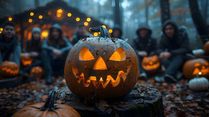 A group of friends carving Halloween pumpkins in a spooky outdoor setting