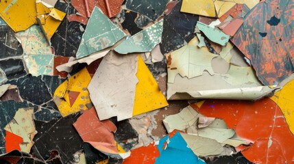 Fototapeta premium Broken collage background, cracked wall. Abstract old wallpaper