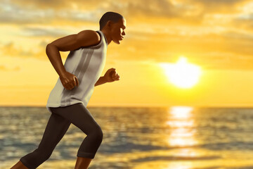 Young man running on sea beach in the morning with sunlight sky, 3d illustration