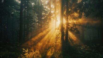 Naklejka premium Sun rays filtering through dense forest trees. Ideal for nature-themed designs