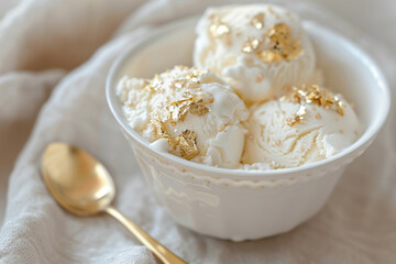 vanilla ice cream in a white bowl decorated with gold leaf 