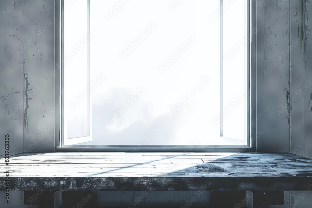 Poster A wooden table placed in front of a window. Suitable for interior design concepts