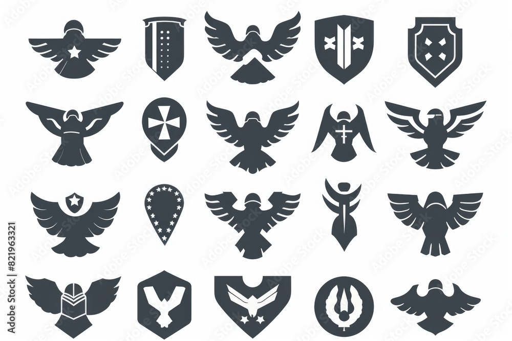 Poster Set of simple black and white icons featuring birds and shields. Suitable for various design projects