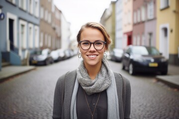 Fototapeta premium Portrait of a content woman in her 30s smiling at the camera in front of scandinavian-style interior background