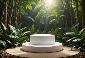Fototapeta premium arafed white round pedestal in a tropical forest with palm trees