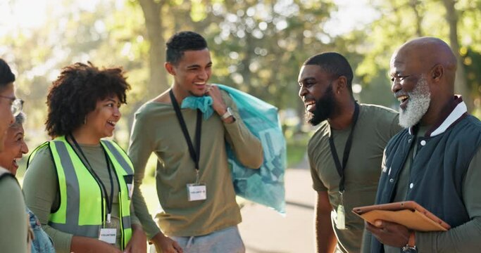 Volunteer, outdoor and team leader with handshake, teamwork and group with earth day, greeting and cooperation. People, ngo or nature with environment, climate change or ecology with hello and smile