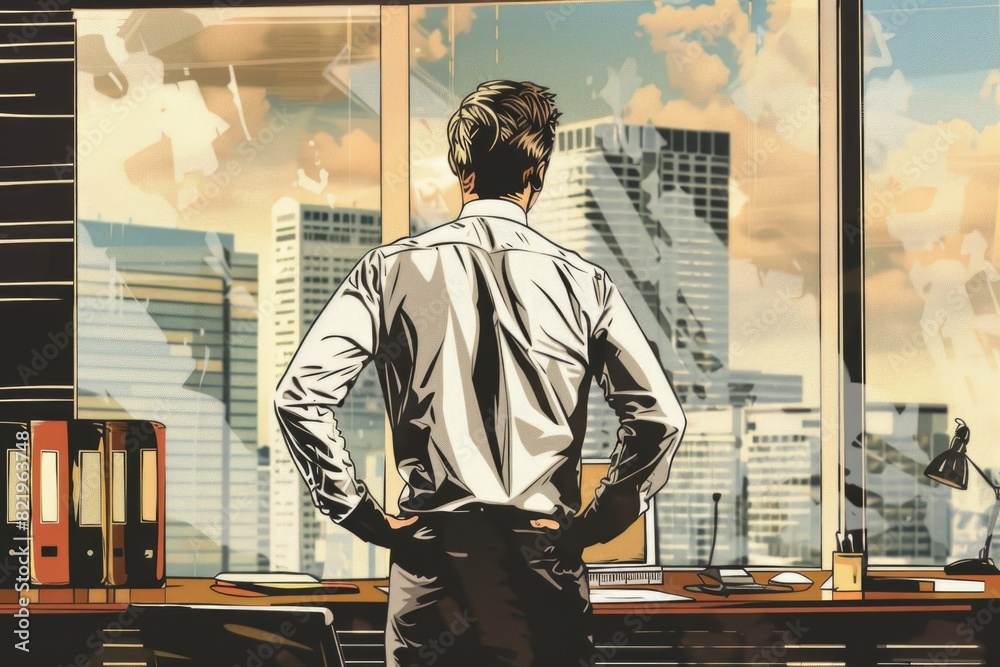 Poster a man standing in front of a window looking out at a city. suitable for business or travel concepts