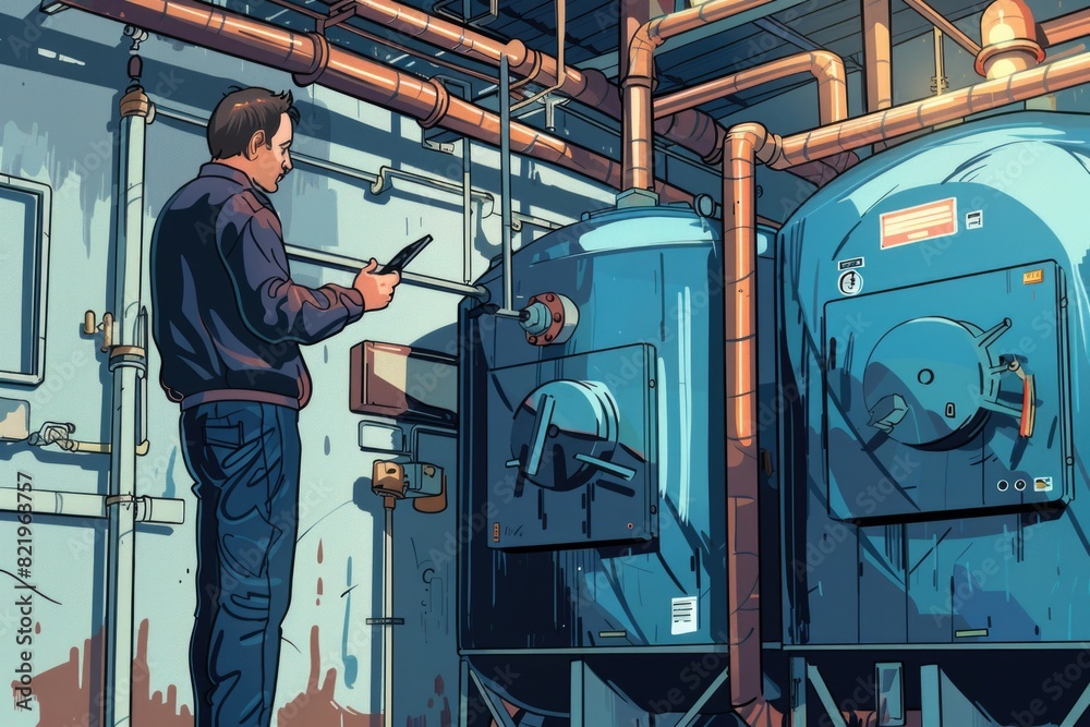Poster a man standing in front of a water heater. suitable for home improvement concepts