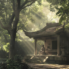 Tranquil Dawn: A Depiction of Serene Zhen Xiang Buddhism Enshrined in Nature's Bosom