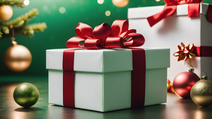 Obraz premium Birthday, anniversary, or Valentine's Day, a carefully wrapped gift box always brings joy and anticipation. Artful package and decorative bow make it a perfect surprise for any celebration. 