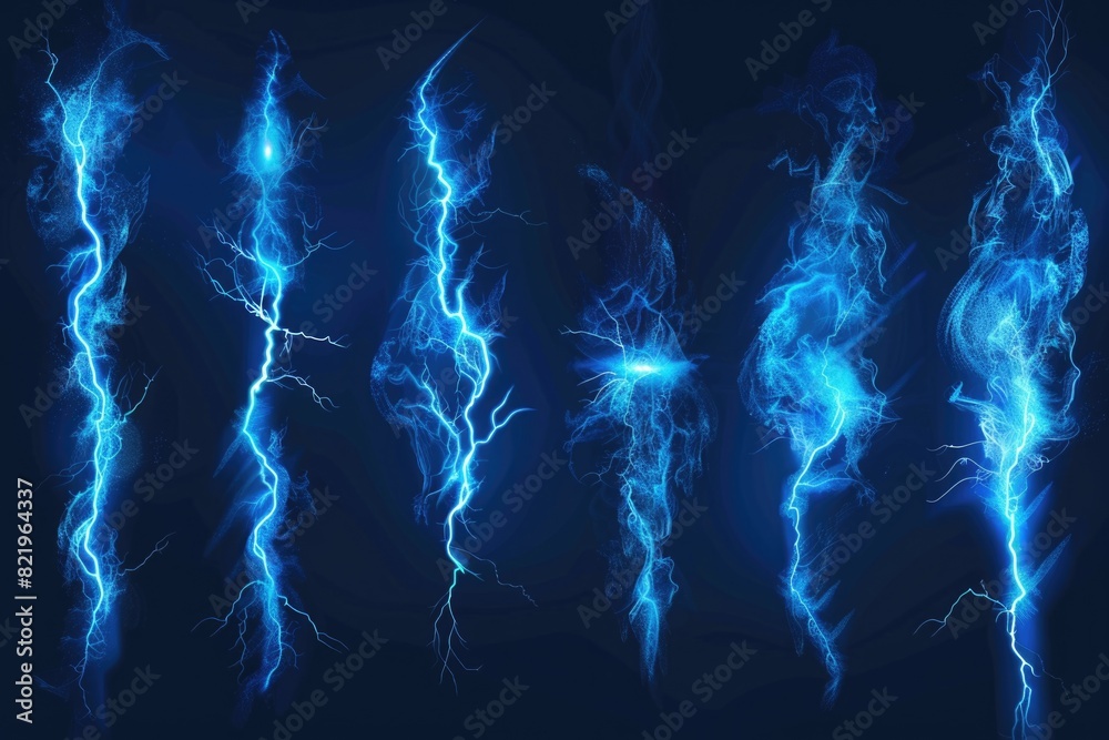 Poster blue lightning streaks on a black background. suitable for use in technology or energy-related proje