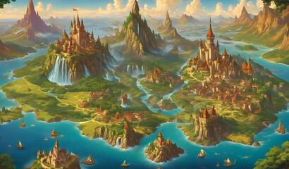 A medieval fantasy castle crowns a mountain overlooking a river winding through the valley, painting autumn hues. Clouds drift above, reflecting in the serene waters below, where beauty merges.