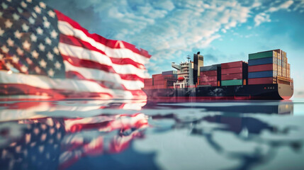 A container ship with the American flag in the background sails across the sea, representing international trade and cargo transportation