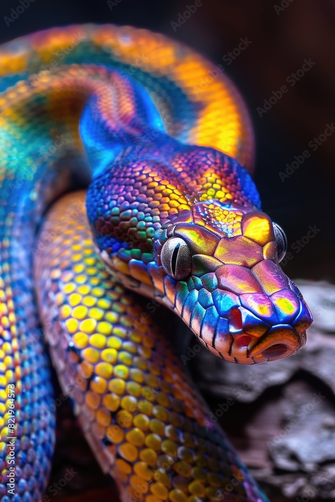 Poster a striking image of a multicolored snake with its mouth open. perfect for wildlife or nature-themed 