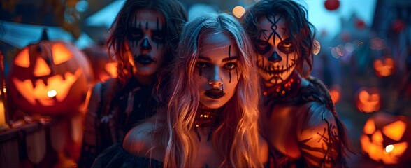 A group of friends dressed as shadowy figures for Halloween, posing with spooky decorations in the background