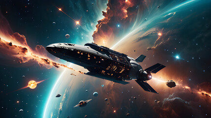 Fototapeta premium A spaceship journeys through the universe, passing nebula and galaxies in a fantastical realm where science and fantasy converge. Nebulae whispers secrets of the cosmos, he infinite expanse of space.