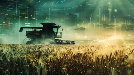 A combine harvester efficiently gathers crops in a vast field, set against a backdrop of fluctuating stock exchange charts for agricultural products