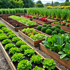 raised bed vegetable garden, and trees surrounding it, many raised beds, permaculture,