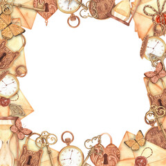 Square frame with vintage keys, padlocks, pocket watches, hourglass, envelopes and butterflies. Hand-drawn watercolor illustration. For greeting cards, invitations, covers.
