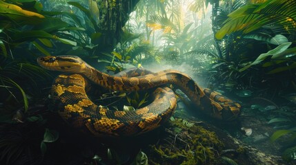 A large snake in the middle of a jungle. Suitable for nature and wildlife themes