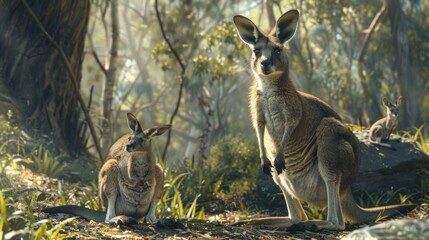 Fototapeta premium Two kangaroos standing together in a wooded area. Suitable for wildlife and nature themes