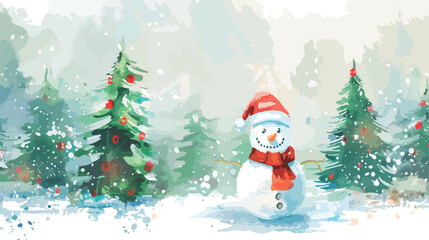Christmas watercolor painting santa snowman fir trees