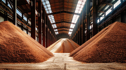 A mound of rich, brown potash sand sits in a spacious warehouse, ready for processing and distribution in the mining industry
