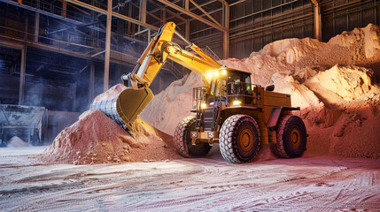 A powerful bulldozer smoothly moves sand into a pile at a large warehouse of potash fertilizers, as part of the mining and processing of minerals
