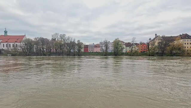 Riverfront buildings on the bank of the Danube in Rheinfelden town on a cloudy day, Germany