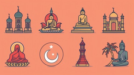 A collection of religious symbols including a Buddha statue, a mosque, a palm tree, and a crescent. Suitable for various cultural and spiritual concepts